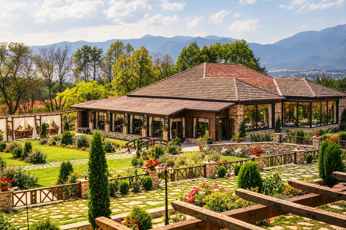 Старото училище в Балдево, днес основната сграда на Боже Име Spa & Park, с планината зад него