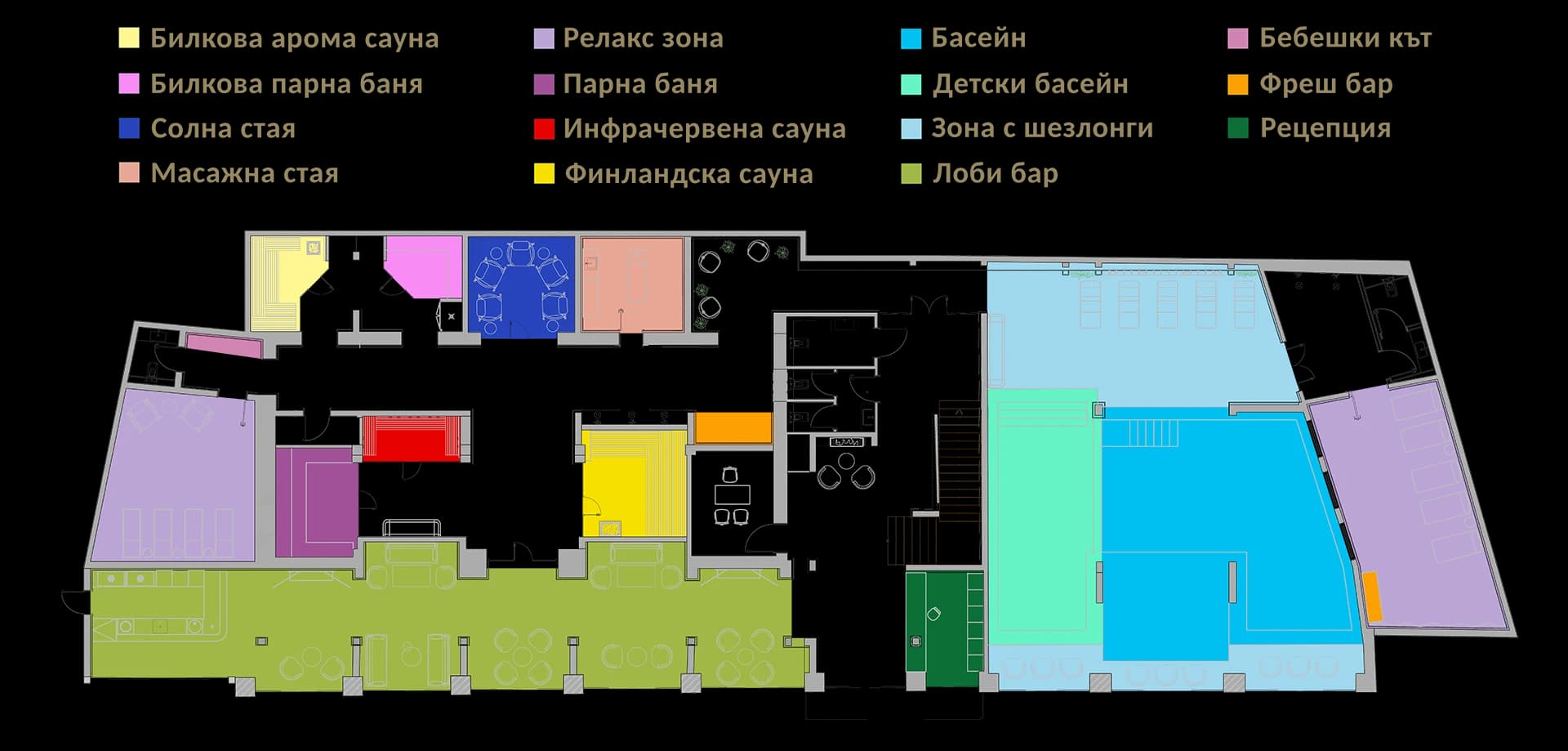Plan of the spa zone with the facilities marked