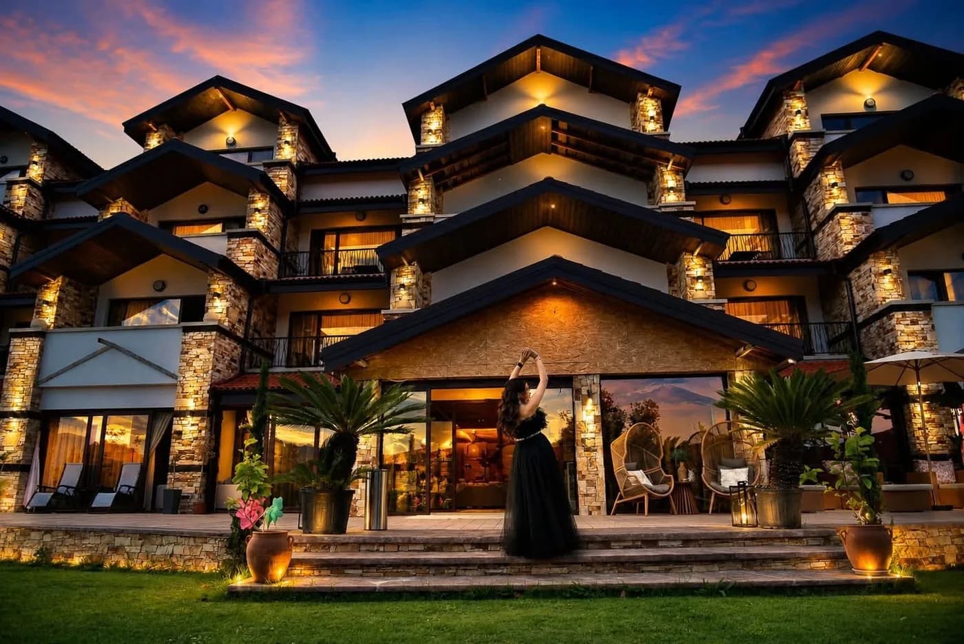 Основната сграда на Боже Име Spa & Park привечер, с осветени тераси